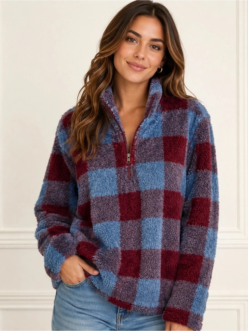 Eddie Bauer Burgundy Blue Harbor Check Plush Fleece 1/4 Zip Top M Sweatshirt